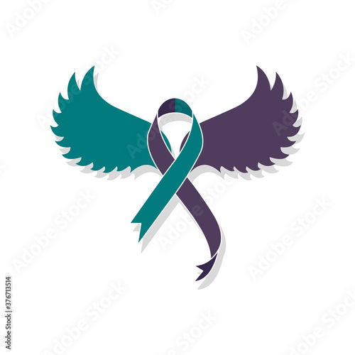 Teal purple ribbon with wings for suicide prevention and awareness. Flat style illustration. Isolated on white background. 