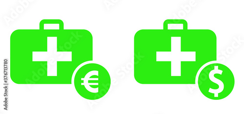 Medical expenses Flat vector coins sign Finances billing label, financial banking concept Health Care and money concept icon Deposit pictogram Healthy safety first Healthcare costs and fees hospital