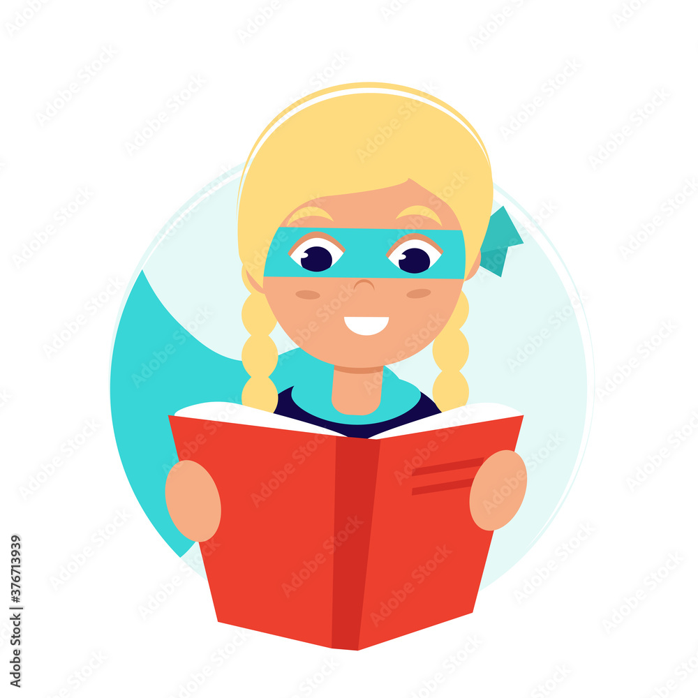 A girl reading a book in a superhero costume. Love reading concept. Template for banner, postcard, card, invitation. Vector Illustration in flat style.