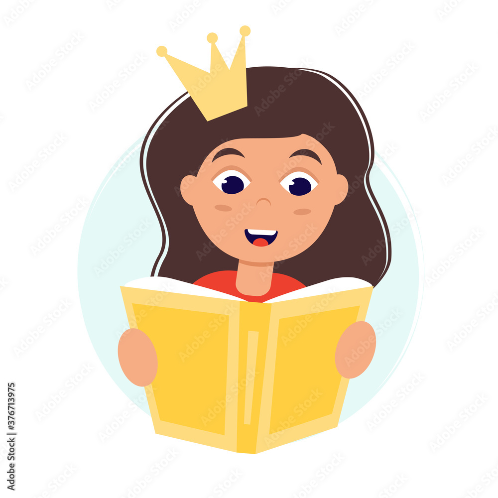 A girl reading a book in a princess costume. Love reading concept. Template for banner, postcard, card, invitation. Vector Illustration in flat style.
