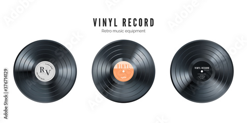 Vinyl music record set. Retro audio disk. Realistic vintage gramophone disc with cover mockup. Vector illustration