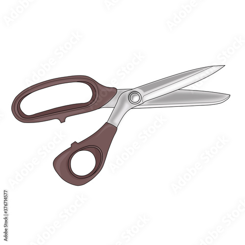 Open scissors with maroon plastic handles on a white insulated background