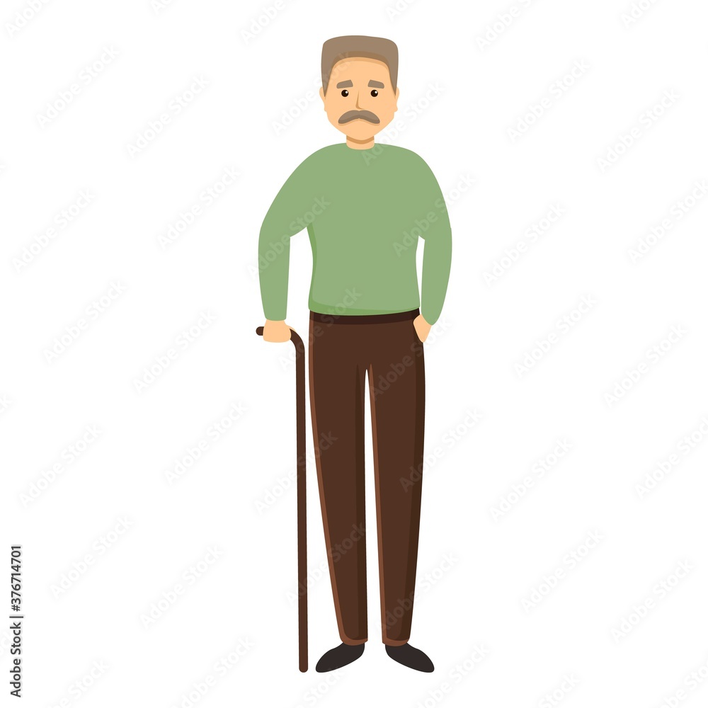 Man mustache with walking stick icon. Cartoon of man mustache with walking stick vector icon for web design isolated on white background Man mustache with walking stick icon. Cartoon of man mustache with walking stick vector icon for web design isolated on white background