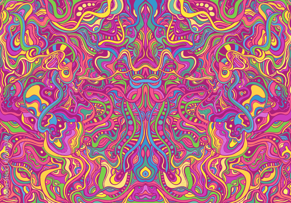 Symmetrycal Motley Hippie Trippy Psychedelic Abstract Pattern With Many