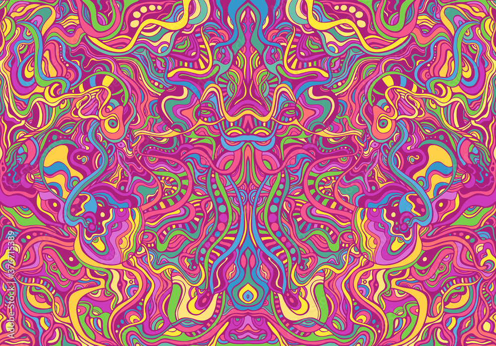 Symmetrycal motley hippie trippy psychedelic abstract pattern with many intricate wavy ornaments, bright neon multicolor color texture. Symmetrycal motley hippie trippy psychedelic abstract pattern with many intricate wavy ornaments, bright neon multicolor color texture.