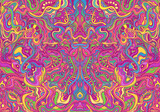 Symmetrycal motley hippie trippy psychedelic abstract pattern with many intricate wavy ornaments, bright neon multicolor color texture.