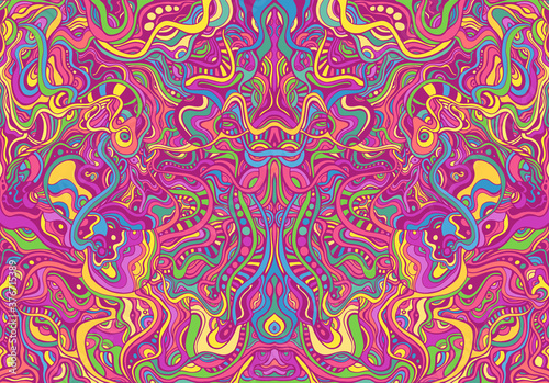 фотография Symmetrycal motley hippie trippy psychedelic abstract pattern with many intricate wavy ornaments, bright neon multicolor color texture