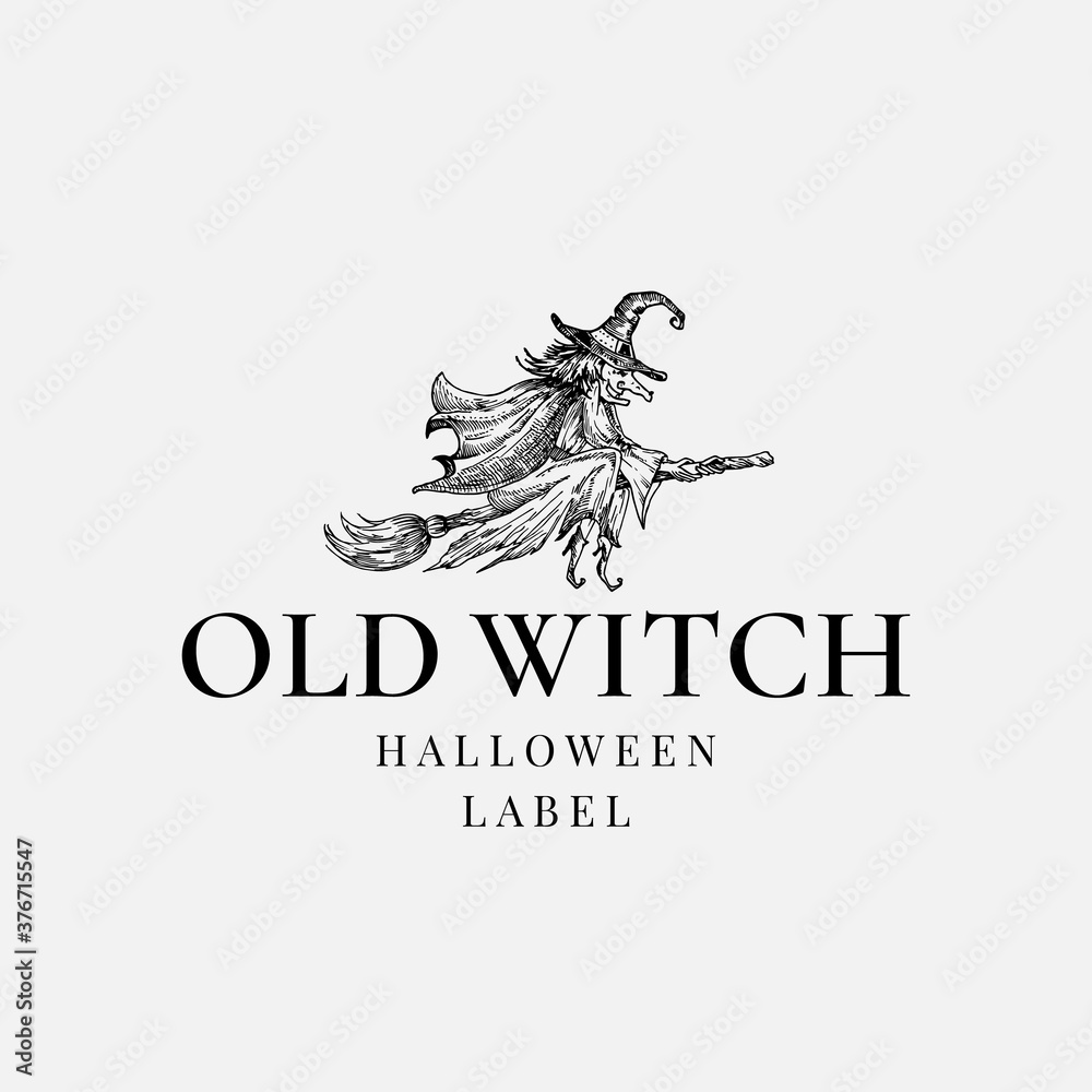 Obraz premium Halloween Logo or Label Template. Hand Drawn Old Witch Flying on the Broom Sketch Symbol and Retro Typography.