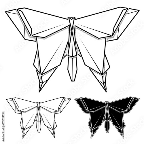 Vector monochrome image of paper origami of butterfly (contour drawing by line).