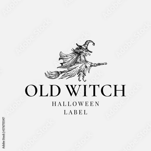 Halloween Logo or Label Template. Hand Drawn Old Witch Flying on the Broom Sketch Symbol and Retro Typography.