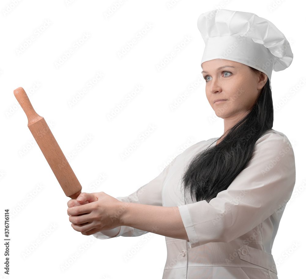 the cook defends himself with a rolling pin. isolate