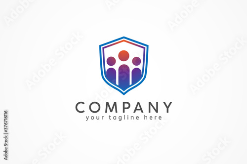 Group of people logo, Shield Icon with People inside isolated on White Background, flat style Logo Design Template, vector illustration