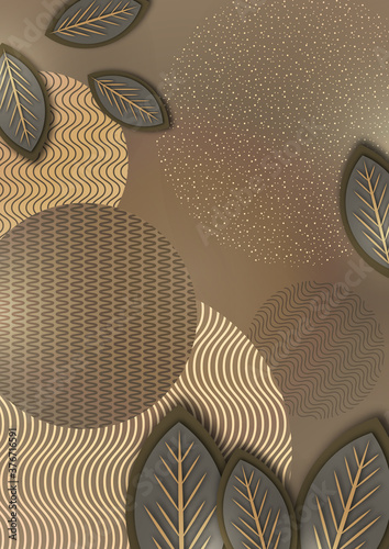 Abstract background with creative leaves, circles, points, lines on a beige background. Trendy vector illustration