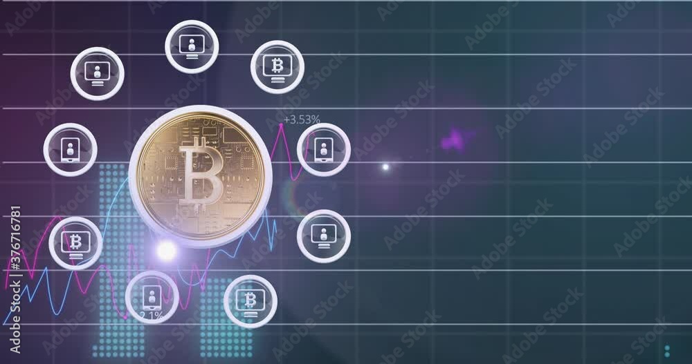 Bitcoin with network of icons over financial data processing. Bitcoin with network of icons over financial data processing.