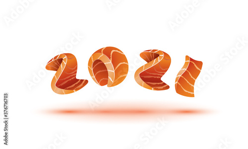 Happy New Year 2021 text design. Salmon style numbers for sushi calendar background.