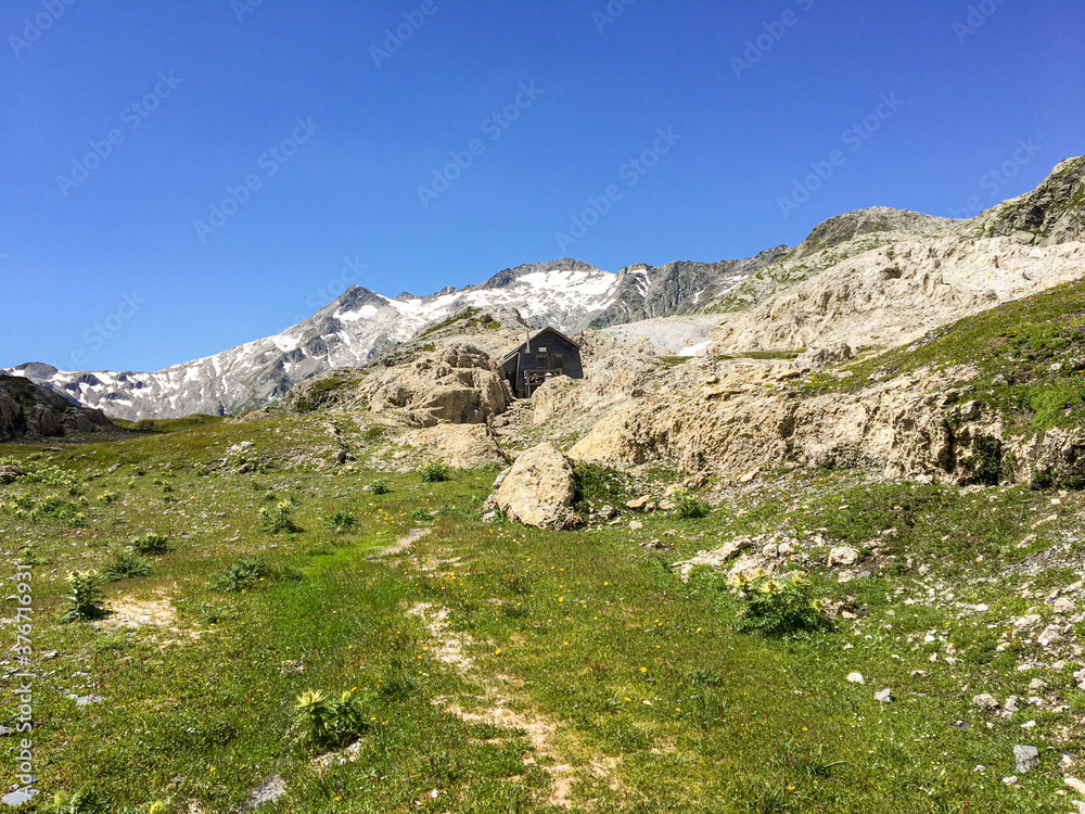 Panoramic view of the Alpine Greina Pass, Switzerland.