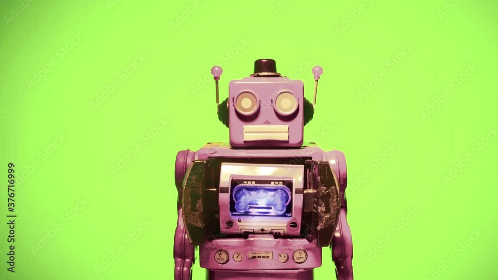 retro pink robot toy with green screen yes no wobble 