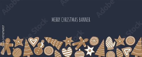 Christmas gingerbread cookie banner. Flat hand drawn xmas sale layout or background. Modern flyer template.
