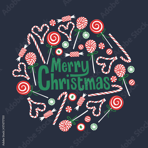 Merry Christmas candy greeting card. 
Flat red and white sweet cane, lollipop, bonbons wreath on blue background. Hand drawn lettering in round shape. Festive xmas and new year invitation.