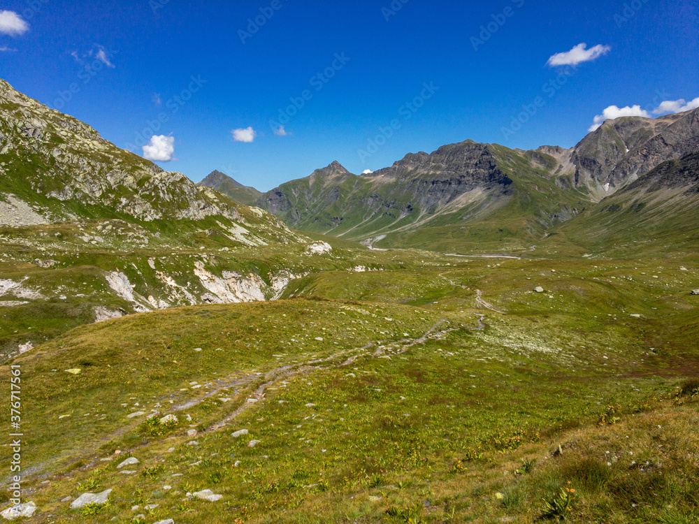 Fototapeta premium Panoramic view of the Alpine Greina Pass, Switzerland.