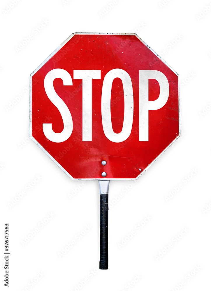 Aged hand-held stop sign or paddle used for traffic control by crossing guards, police or work zones. Red and white metal texture sign in octagon shape and a pole to hold. Isolated on white. - obrazy, fototapety, plakaty 