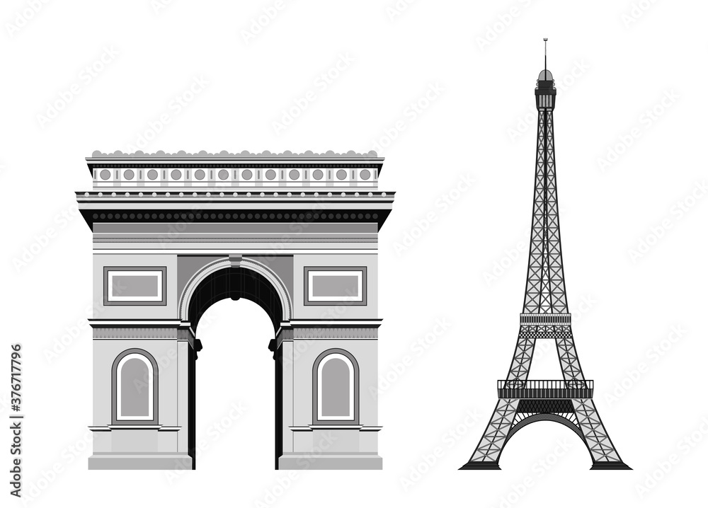 Paris eiphil tower and Arc de Triomphe Tourist attraction set. Travel, journey concept. Famous monuments of world countries. 