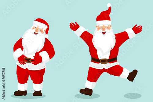 Collection of Christmas Santa Claus. Cute Father Frost stand, raise his hands up and welcomed. Red Santa hat. For Christmas and New Year posters, gift tags and labels