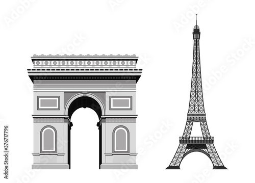 Paris eiphil tower and Arc de Triomphe Tourist attraction set. Travel, journey concept. Famous monuments of world countries. 