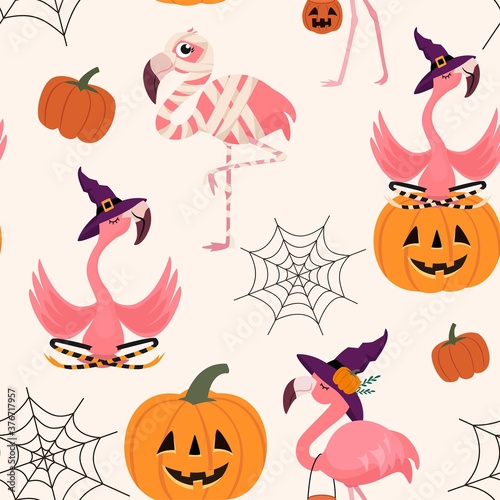 Halloween pattern with flamingo, pumpkin and web. Vector seamless texture.