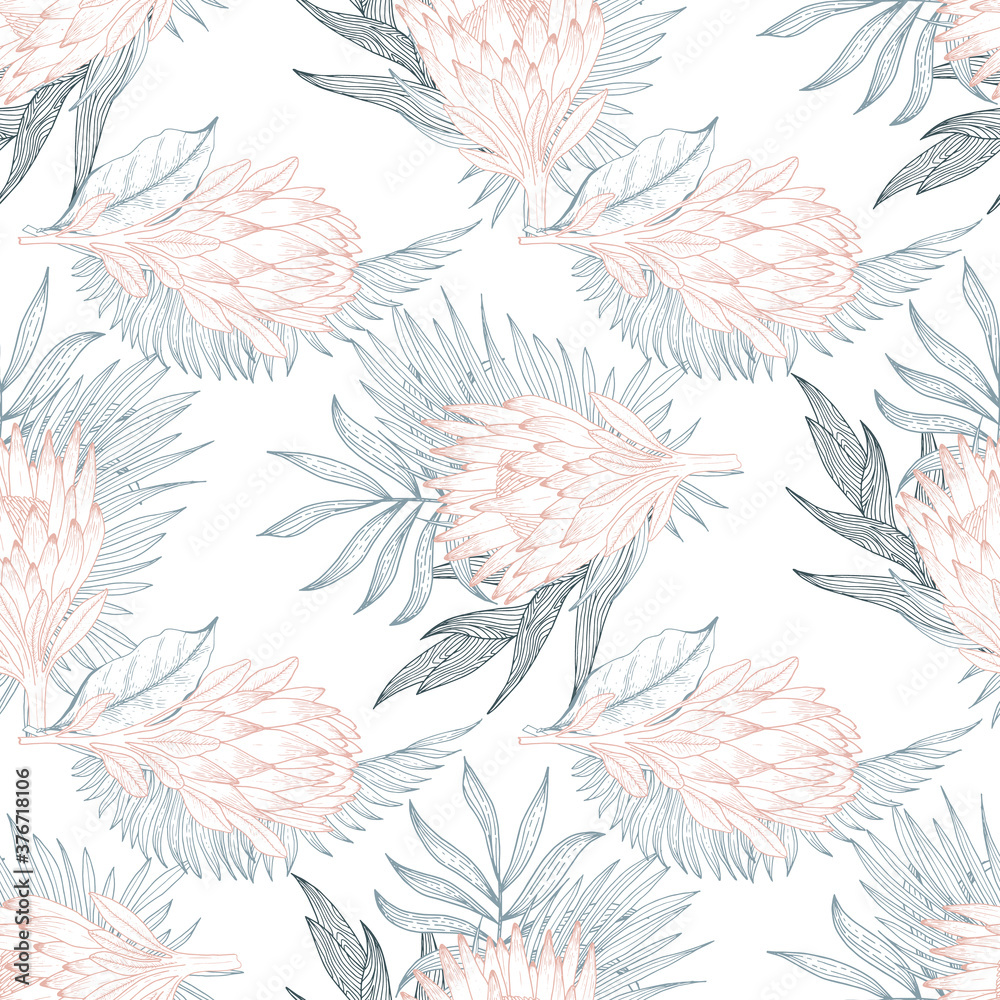 Fototapeta premium Abstract seamless pattern with tropical leaves. Vector template.