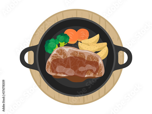 鉄板に盛られたステーキ肉のイラスト