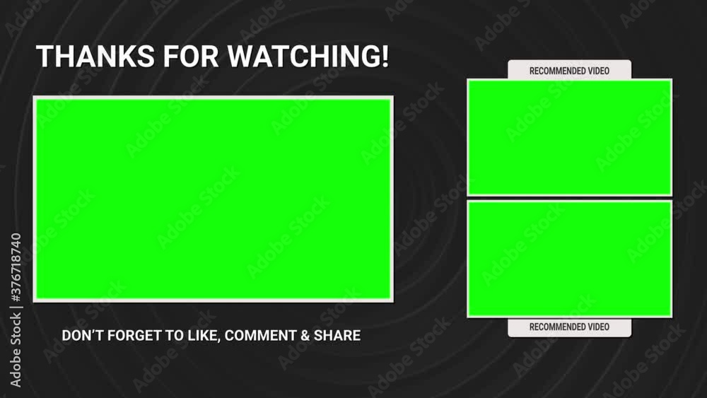 Animation End screen YouTube channel with three templates for video on a original geometric background. Green screen chroma key. Alpha channel.