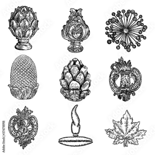 Set of brass or stone pineapple finial hand drawing and other decorative elements. Detailed architecture design element. Vector.