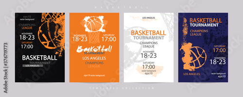 Collection of colored basketball designs, grunge style, sketch. Hand drawing. Sports print, template sports covers, basketball hoop. EPS file is layered. photo