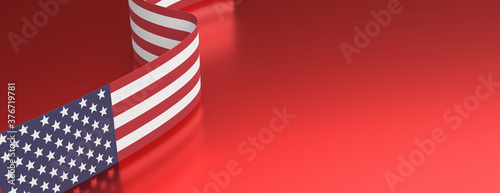 USA flag flyer on red background, copy space, card template. 3d illustration