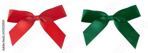 Christmas red and green bows for gift wrapping isolated on white background. 