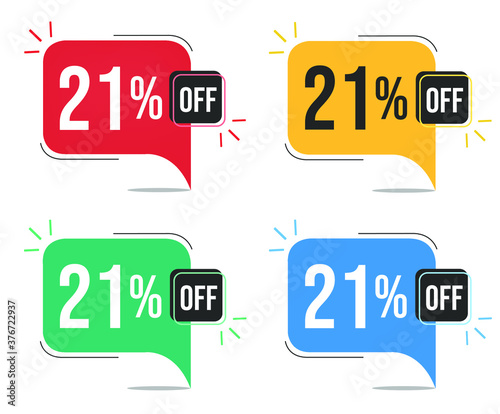 21% off. Red, yellow, green and blue tags with twenty-one percent discount. Banner with four colorful balloons with special offers vector.