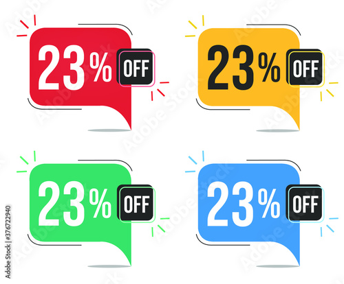 23% off. Red, yellow, green and blue tags with twenty-three percent discount. Banner with four colorful balloons with special offers vector.