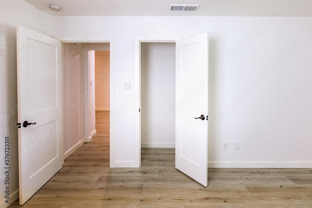 Doors in an empty bedroom leading to the livingroom and a closet Doors in an empty bedroom leading to the livingroom and a closet