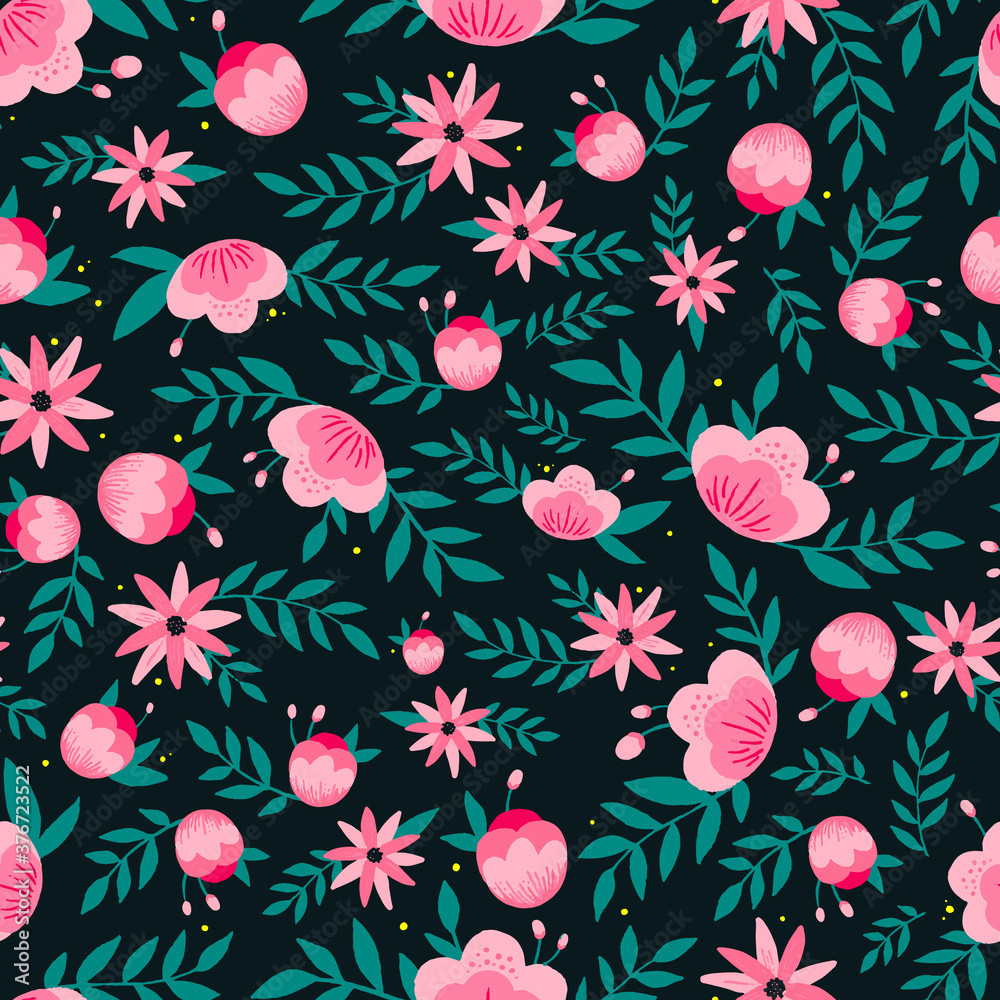 Fototapeta premium Cute floral seamless pattern of abstract pink flowers and green leaves on dark grey background. Good for textile prints, wrapping paper, packaging, wallpaper, scrapbooking, stationery, bedding, etc. 