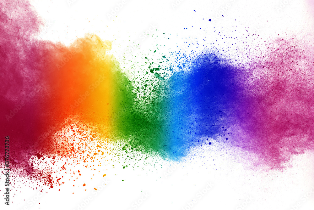 Colorful rainbow holi paint color powder explosion isolated on white background.