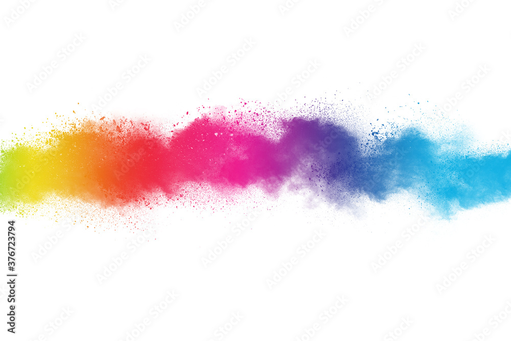 Colorful rainbow holi paint color powder explosion isolated on white background.