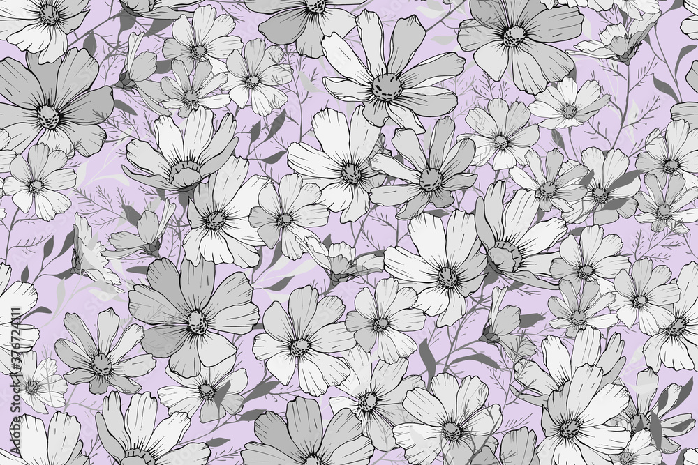 Seamless pattern with flower. Black and white flowers on blue background. For textile, wallpapers, print, greeting, web pages. Vector. Monochrome.