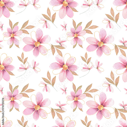 Pink watercolor flowers seamless pattern. Delicate background with glitter