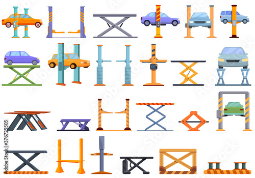 Car lift icons set. Cartoon set of car lift vector icons for web design