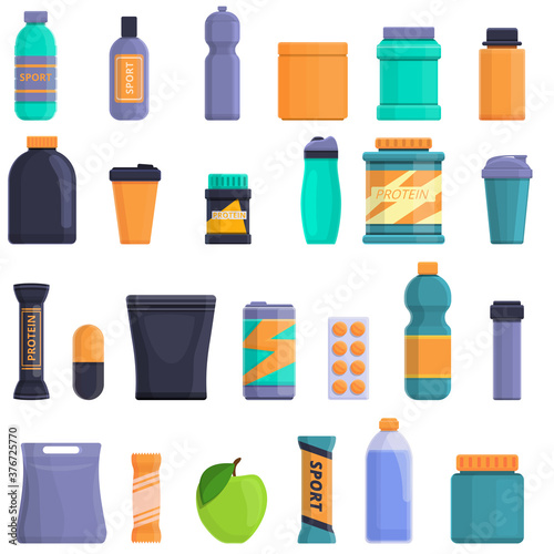 Sports nutrition icons set. Cartoon set of sports nutrition vector icons for web design