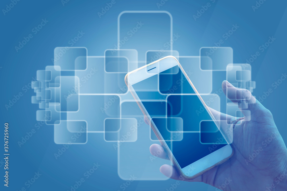 Fototapeta premium Double exposure of technology with businessmen using or hold a mobile phone on blue digital blur background. Tech smartphone concept for business