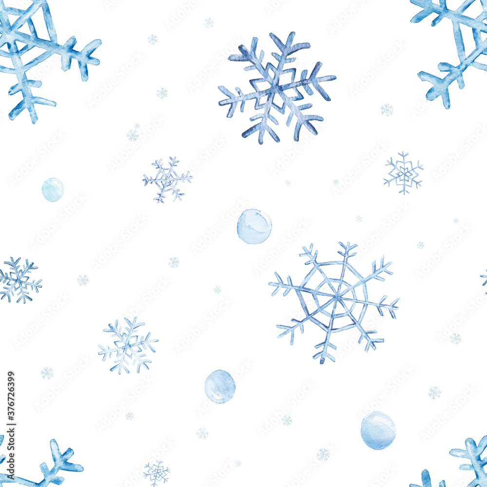 Fototapeta Seamless pattern with blue watercolor snowflakes and snowballs isolated on white