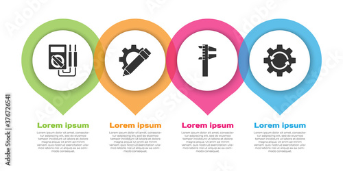 Set Multimeter, Pencil and gear, Calliper or caliper and scale and Gear and arrows as workflow. Business infographic template. Vector.