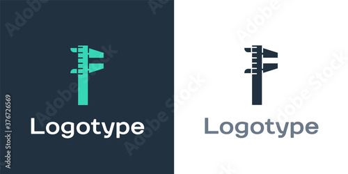 Logotype Calliper or caliper and scale icon isolated on white background. Precision measuring tools. Logo design template element. Vector Illustration.